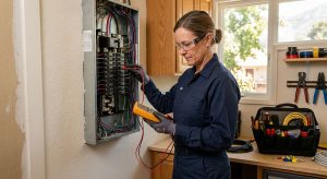Licensed electrician with multimeter working on electrical panel in Altadena residence