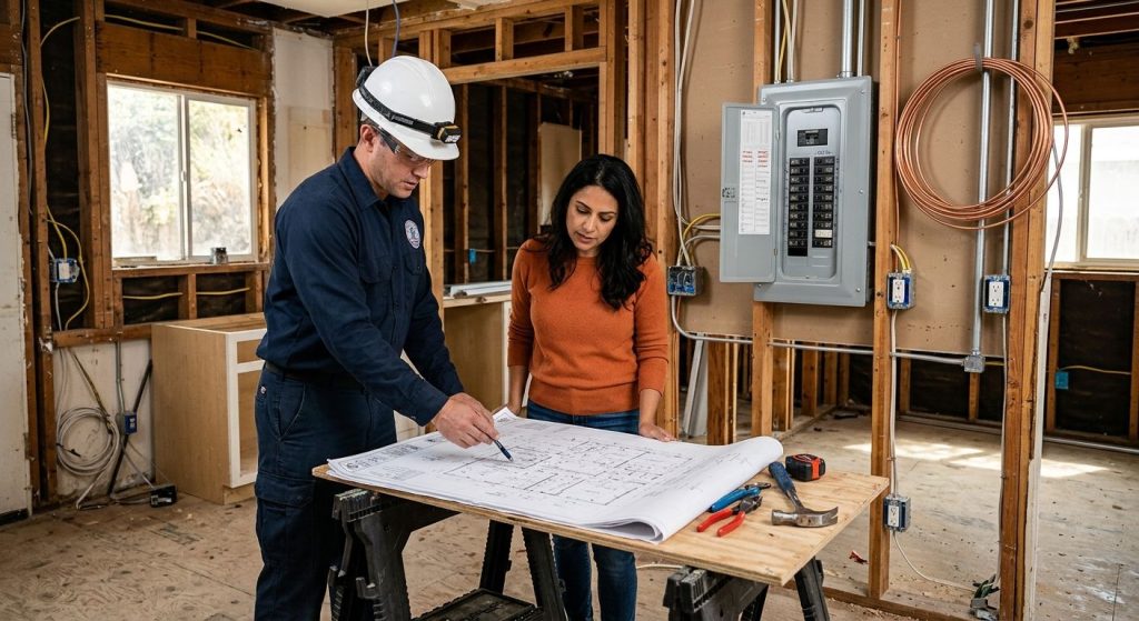 Altadena professional electrician consulting with homeowner over blueprint in a kitchen renovation, demonstrating planning and safety.