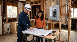 Altadena professional electrician consulting with homeowner over blueprint in a kitchen renovation, demonstrating planning and safety.