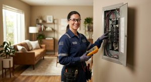 Licensed electrician in a blue uniform inspecting an electrical panel in a modern living room in Eagle Rock