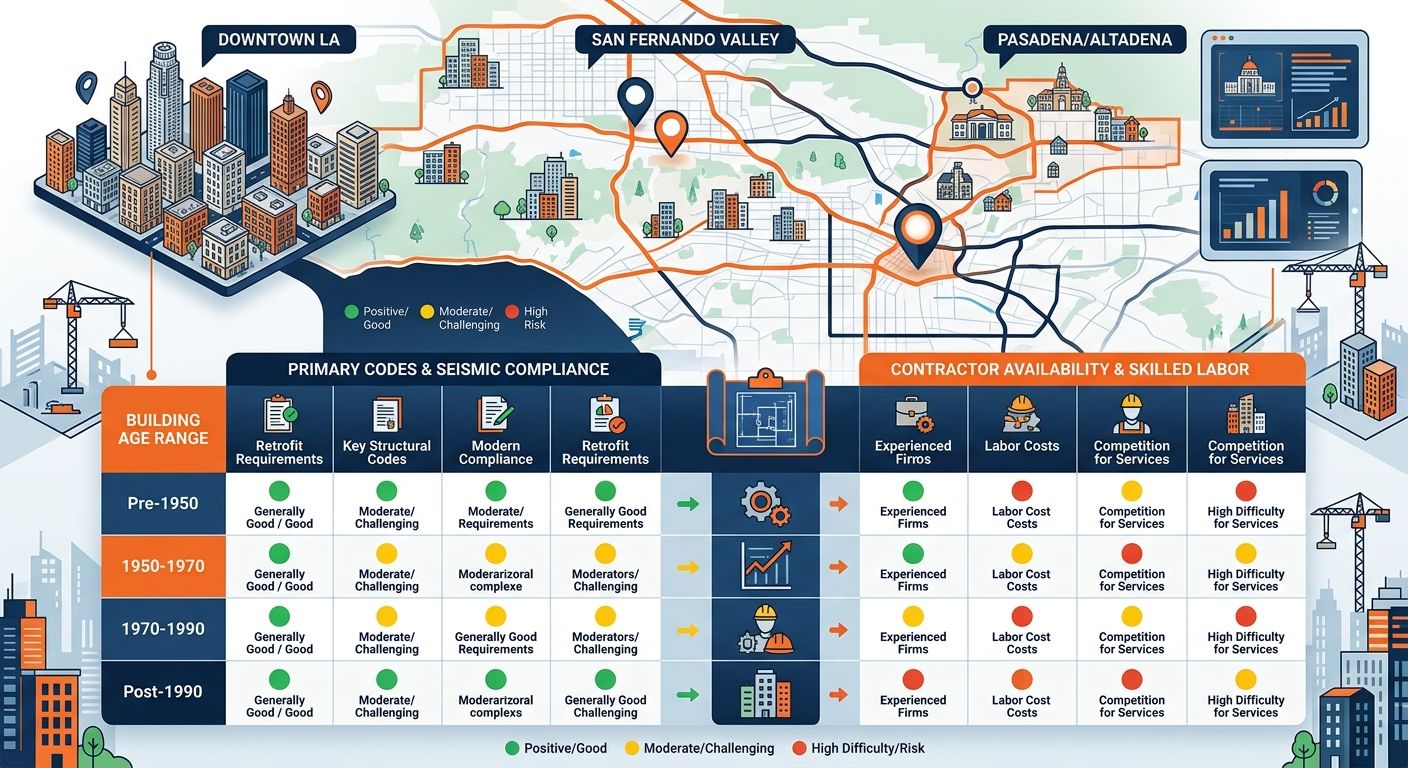 Infographic map of Los Angeles multifamily reconstruction zones with a comparison matrix for building codes and contractor availability.