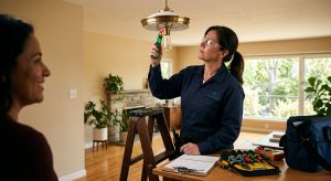 Licensed electrician in uniform examining a ceiling light with a voltage tester in an Altadena home, safety glasses and tools visible.