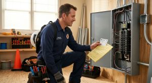 Licensed electrician holding permit document beside open electrical panel in residential home
