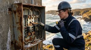 Licensed electrician inspecting salt-corroded outdoor electrical panel near the ocean with flashlight