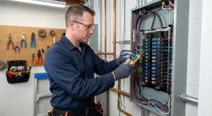 Professional electrician inspecting a circuit breaker panel with a voltage tester in a well-lit utility room