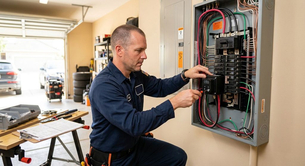 Professional electrician installing a whole home surge protector in an electrical panel inside a bright garage