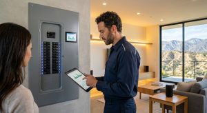 Professional photograph of a licensed electrician demonstrating a smart electrical panel in a modern Altadena living room with smart lighting and views of the San Gabriel Mountains