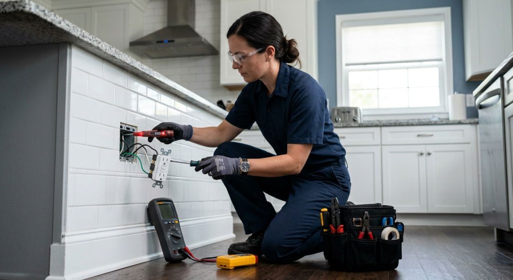 Professional electrician installing a GFCI outlet in a modern Altadena kitchen