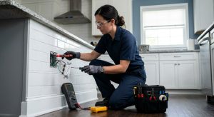 Professional electrician installing a GFCI outlet in a modern Altadena kitchen