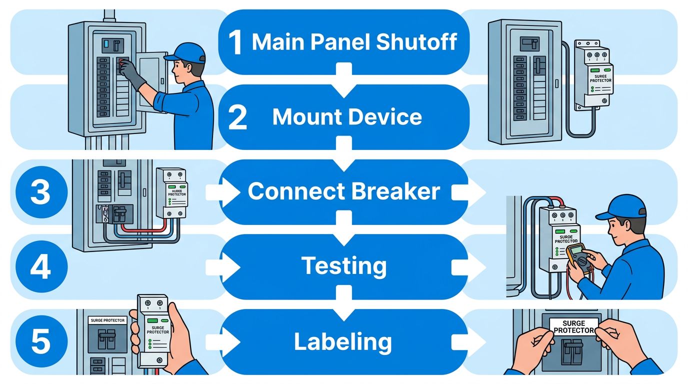 Five-step vertical process flow for surge protector installation at Altadena Pro Electrician Service showing main panel shutoff, device mounting, breaker connection, testing, and labeling stages
