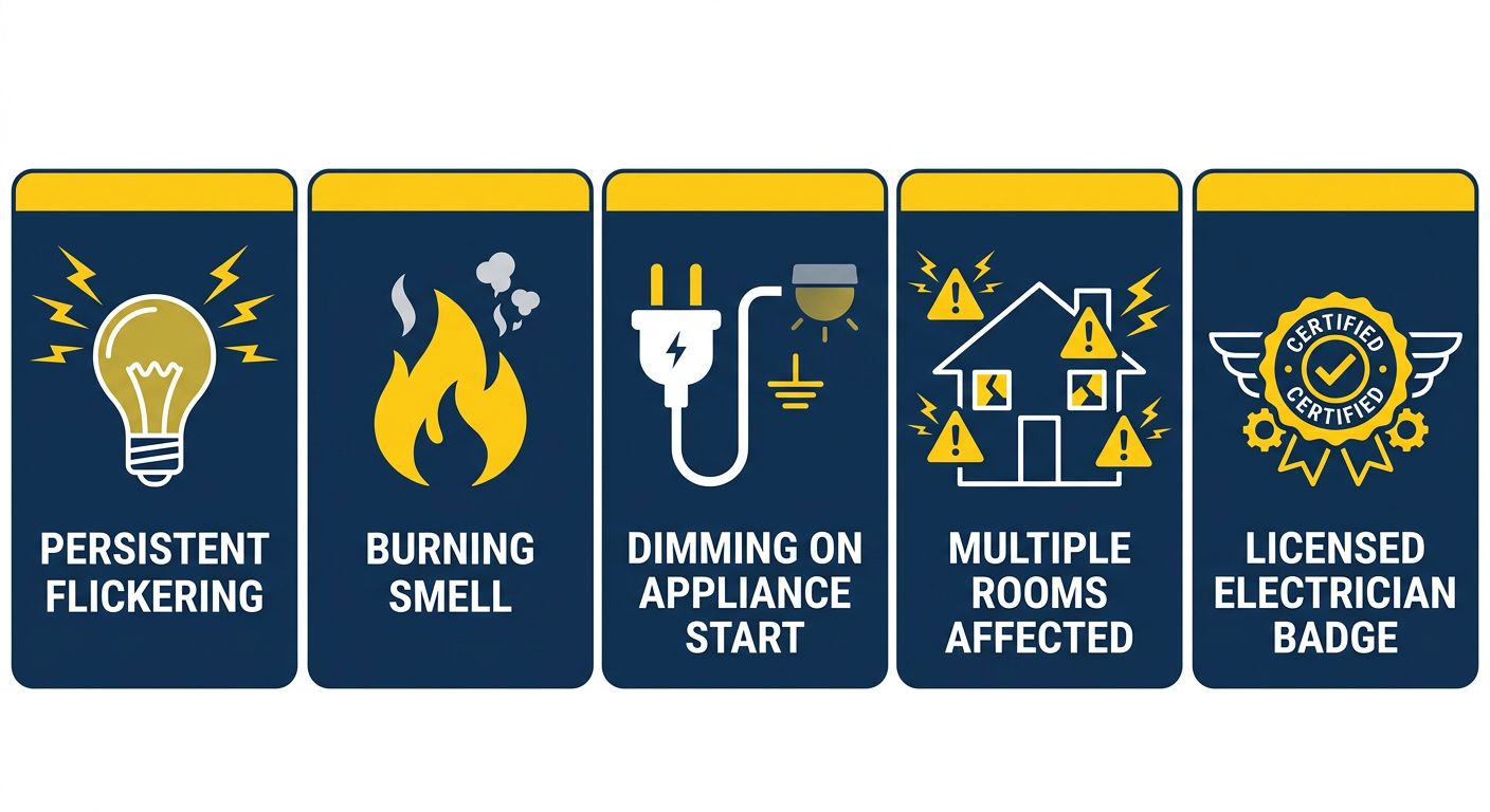 Infographic showing five warning signs for flickering lights that require a licensed electrician, including persistent flickering, burning smell, dimming on appliance start, multiple rooms affected, and certified badge.