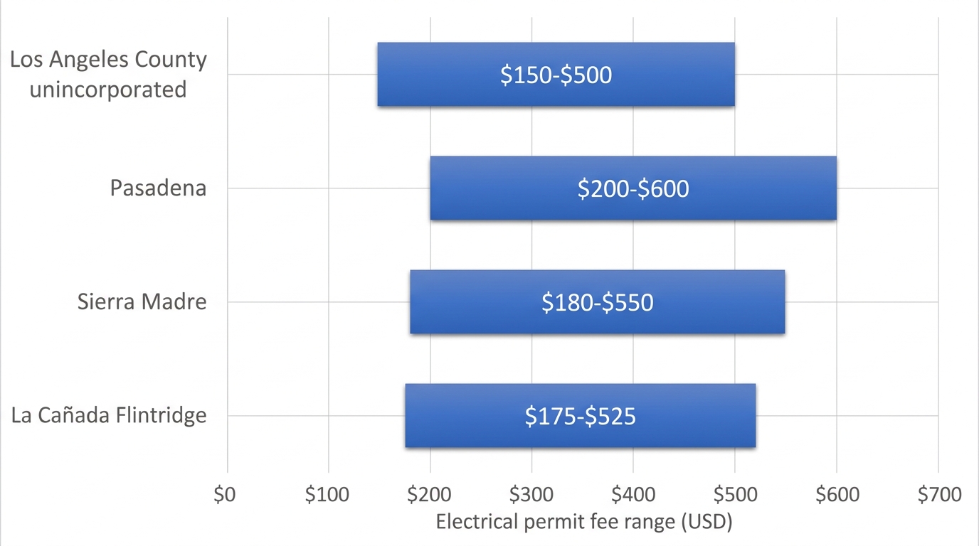 Horizontal bar chart showing estimated electrical permit fee ranges for Los Angeles County unincorporated, Pasadena, Sierra Madre, and La Cañada Flintridge jurisdictions.