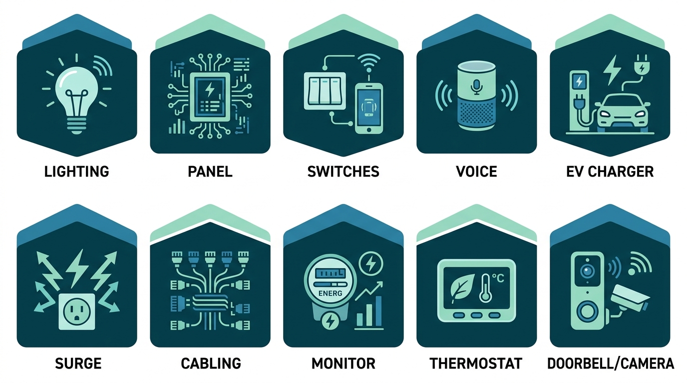 Infographic comparing ten smart home electrical upgrades for Altadena homeowners, including smart lighting, smart panel, and EV charger.