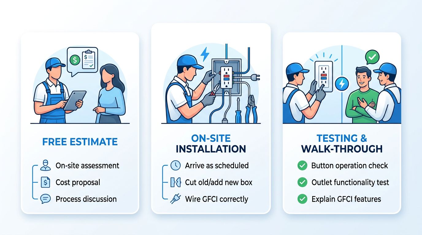 Process flow diagram showing three steps for professional GFCI outlet installation: free estimate, on-site installation, and testing and walk-through.