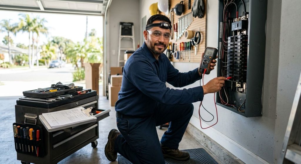 Licensed electrician testing a circuit breaker in a residential garage