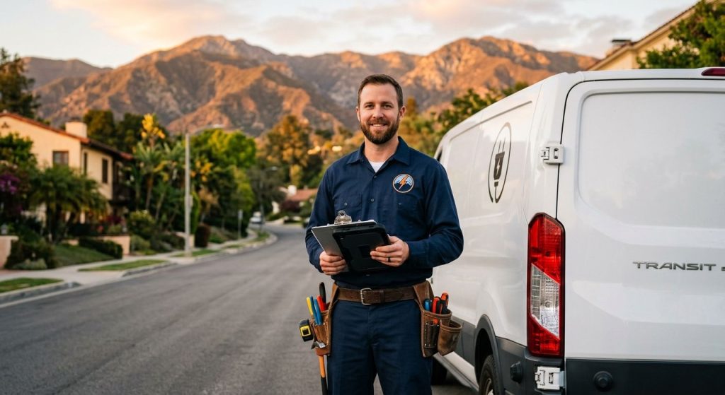 Licensed electrician in navy blue uniform standing beside white service van on residential street in Altadena with San Gabriel Mountains at golden hour