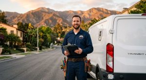 Licensed electrician in navy blue uniform standing beside white service van on residential street in Altadena with San Gabriel Mountains at golden hour