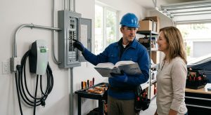 Altadena licensed electrician holding NEC 2026 code book beside hardwired Level 2 EV charger in bright residential garage, pointing at dedicated circuit and conduit, homeowner listening, electrical panel and tools visible, natural light, trust-evoking composition, shallow depth of field