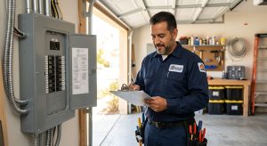 A licensed electrician in navy uniform inspecting a new 200-amp service panel in a residential garage.