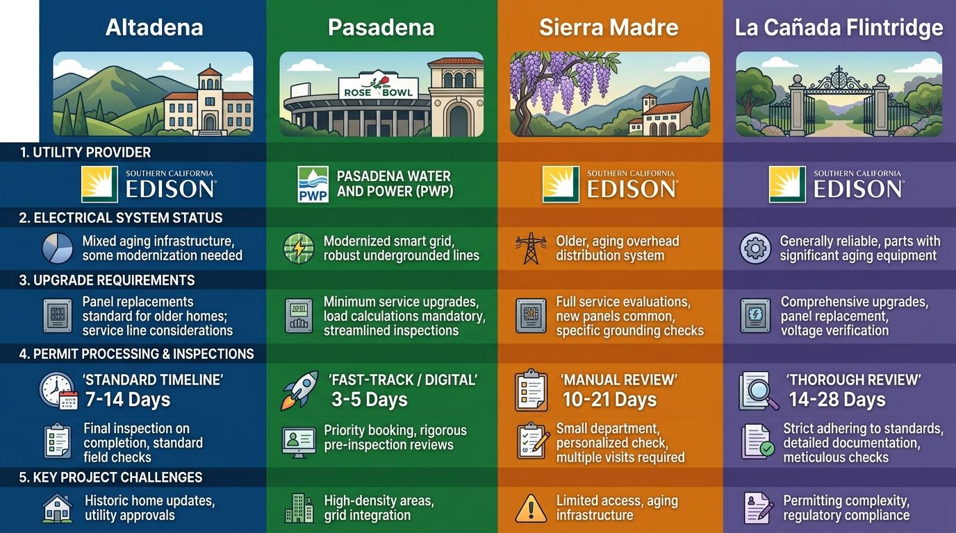 Color-coded comparison chart for four foothill cities: Altadena, Pasadena, Sierra Madre, La Cañada Flintridge. Shows distinct colors, icons for utility provider and permit processing timeline, with qualitative features.
