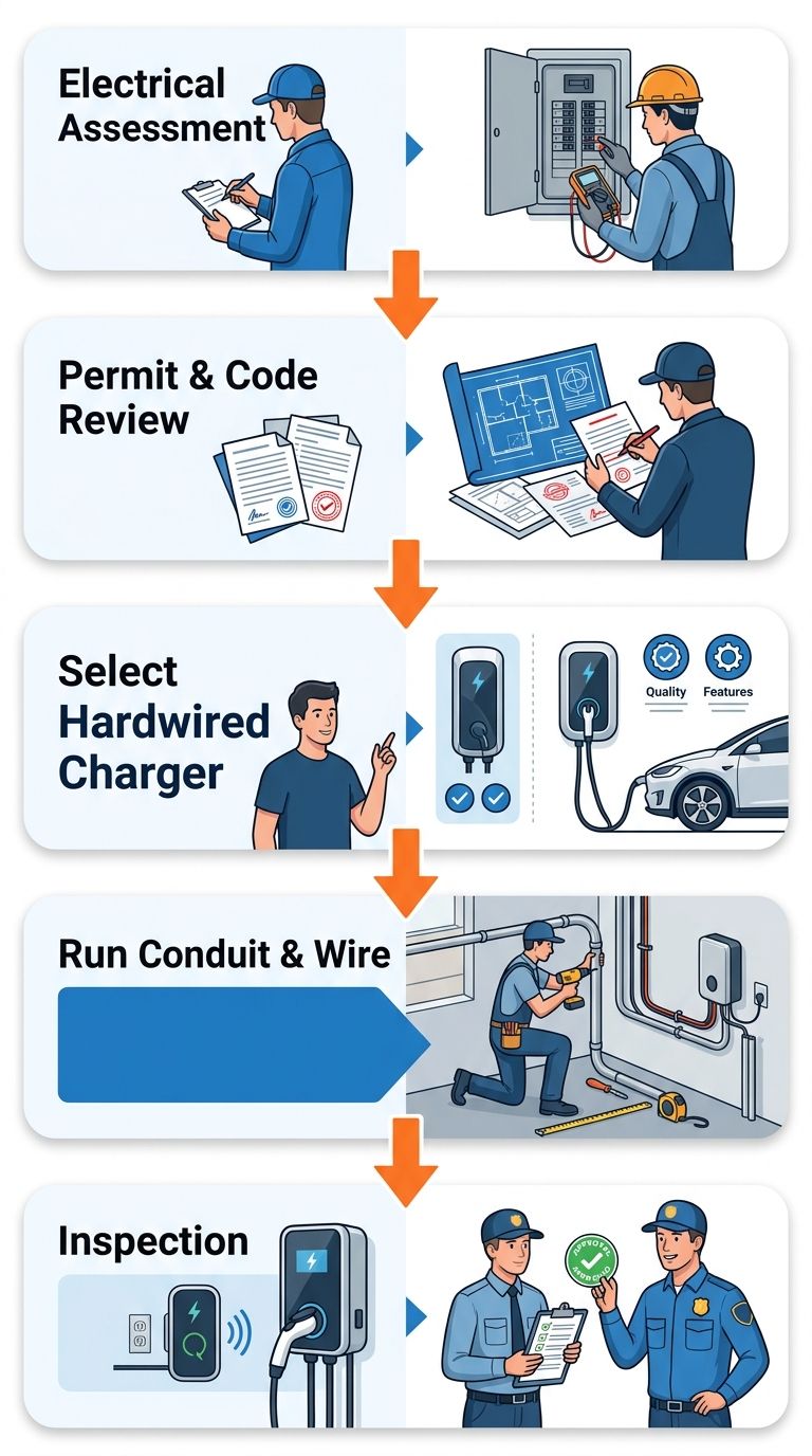 Diagram showing the process for code-compliant EV charger installation in Altadena, California, from electrical assessment through final inspection.