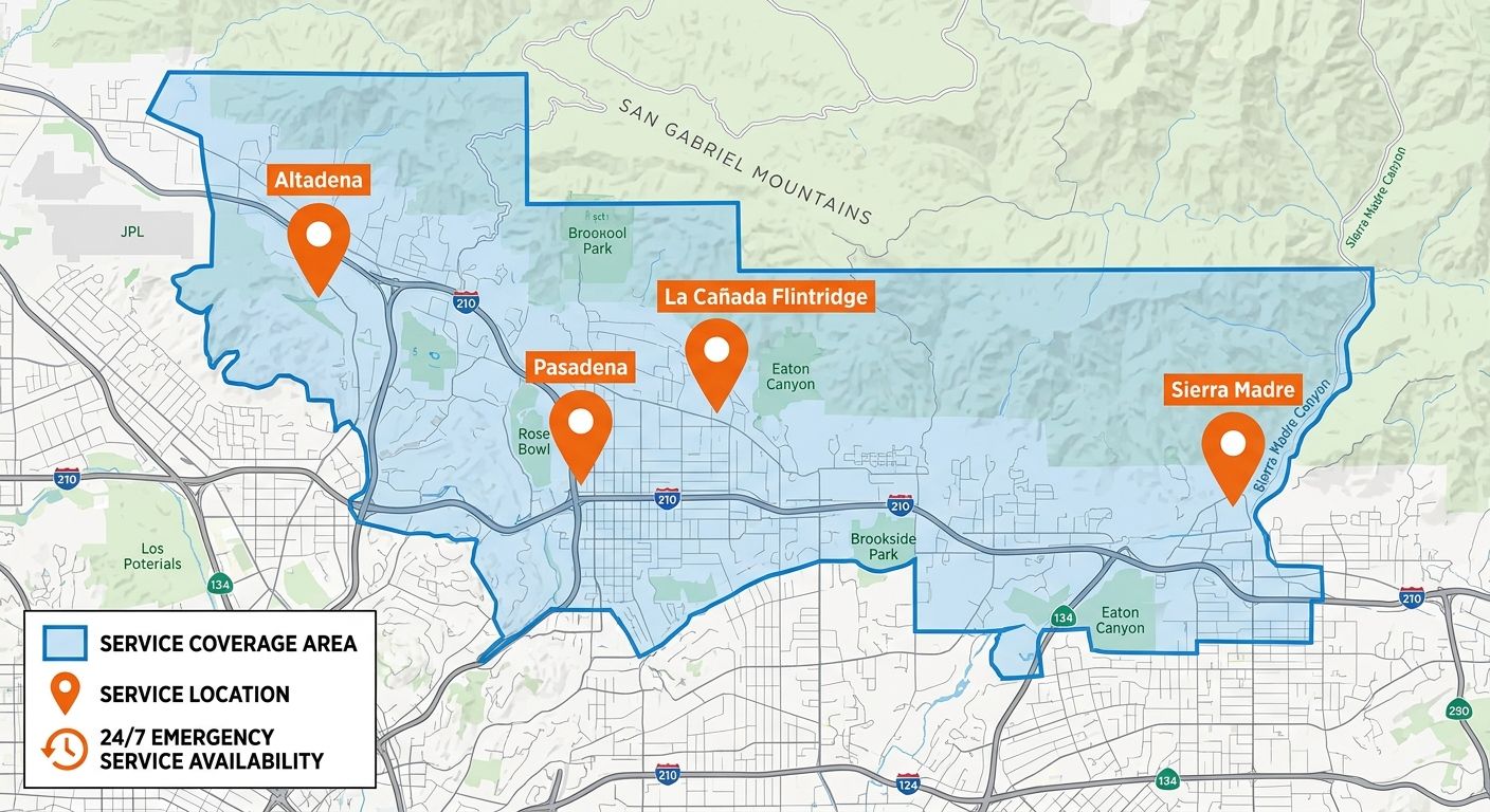Infographic map highlighting electrical service coverage areas in Los Angeles foothills including Altadena, Pasadena, La Cañada Flintridge, Sierra Madre with emergency service legend