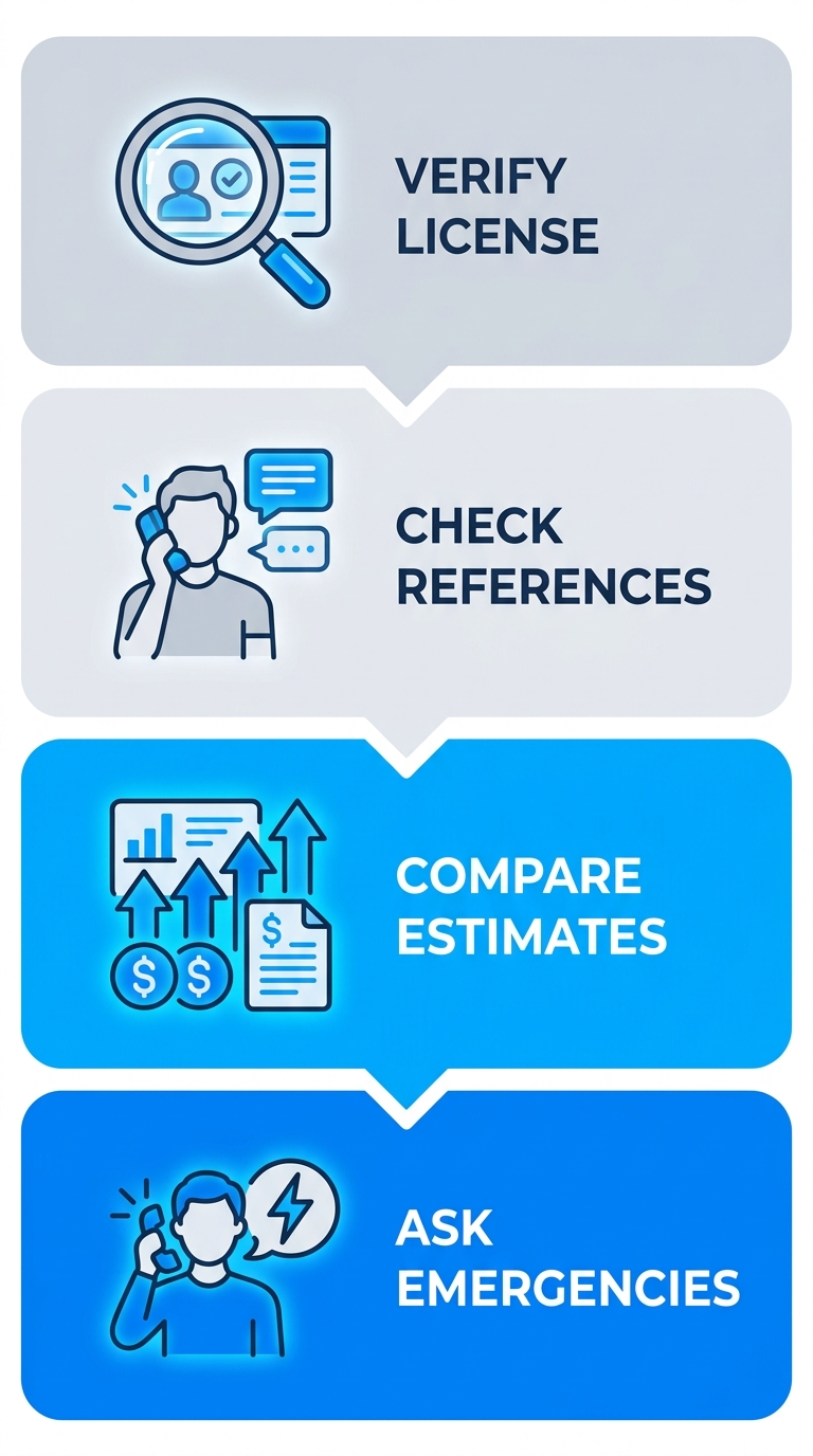 Flowchart with four steps to hire an electrician: verify license and insurance, check references, compare free estimates, ask about emergency services. Blue rounded rectangles with icons connected by arrows, clean professional design.
