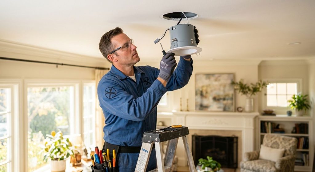 A licensed electrician in a blue uniform stands on a ladder, installing an LED recessed light into a white ceiling in a sunlit Pasadena living room.
