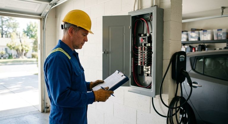 Photo of licensed electrician beside new 200-amp panel with Level 2 EV charger in garage