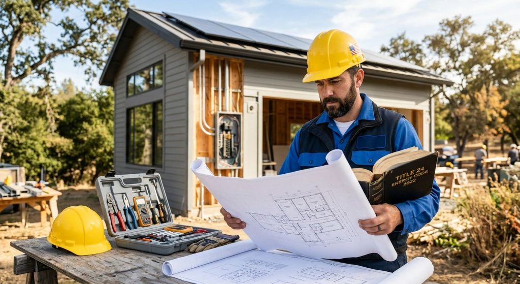 Licensed electrician reviewing ADU construction plans with Title 24 code book on a sunny California jobsite