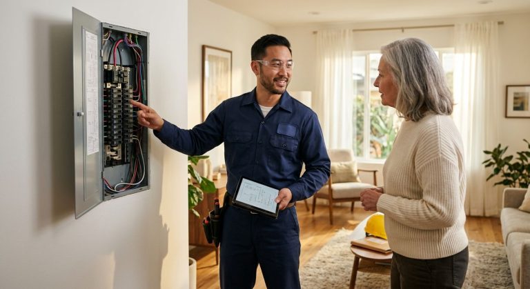 Licensed electrician in navy uniform standing beside an open electrical panel in a Los Angeles living room, using a digital tablet while explaining an upgrade to a nearby homeowner.