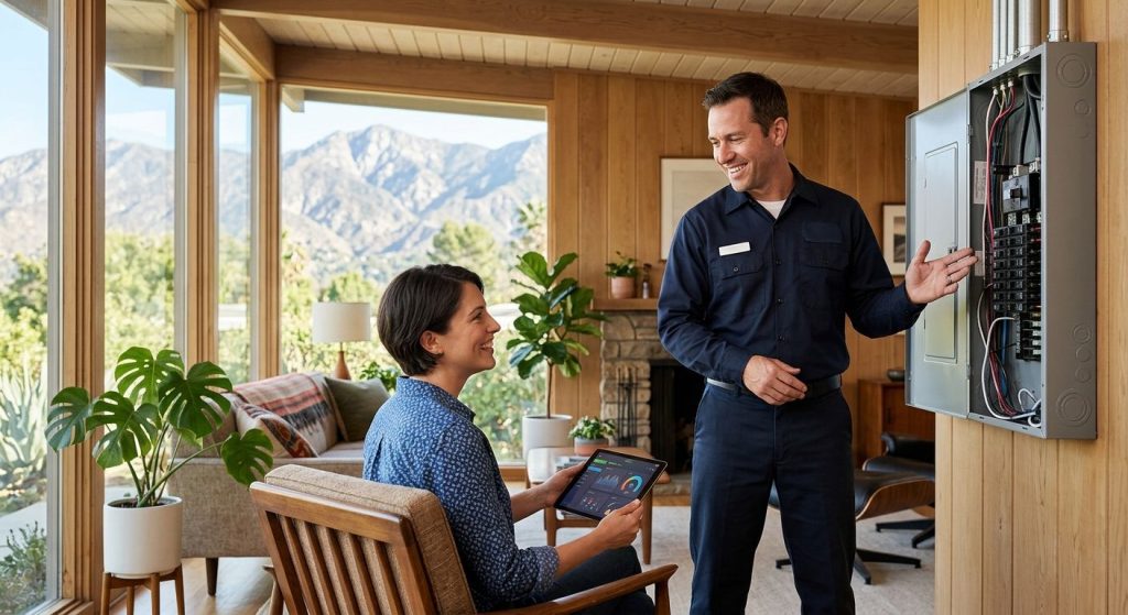 Homeowner and electrician reviewing a smart electrical panel in a sunlit Altadena living room with mountain views.