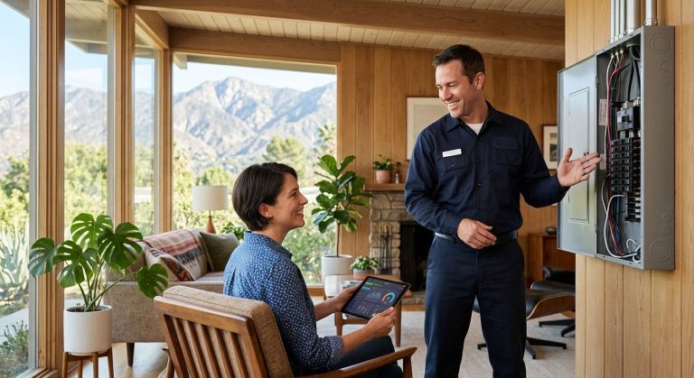 Homeowner and electrician reviewing a smart electrical panel in a sunlit Altadena living room with mountain views.