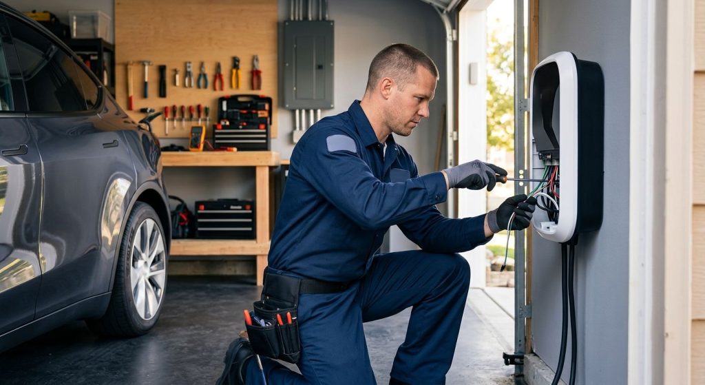 Licensed electrician installing an EV charger in a residential garage