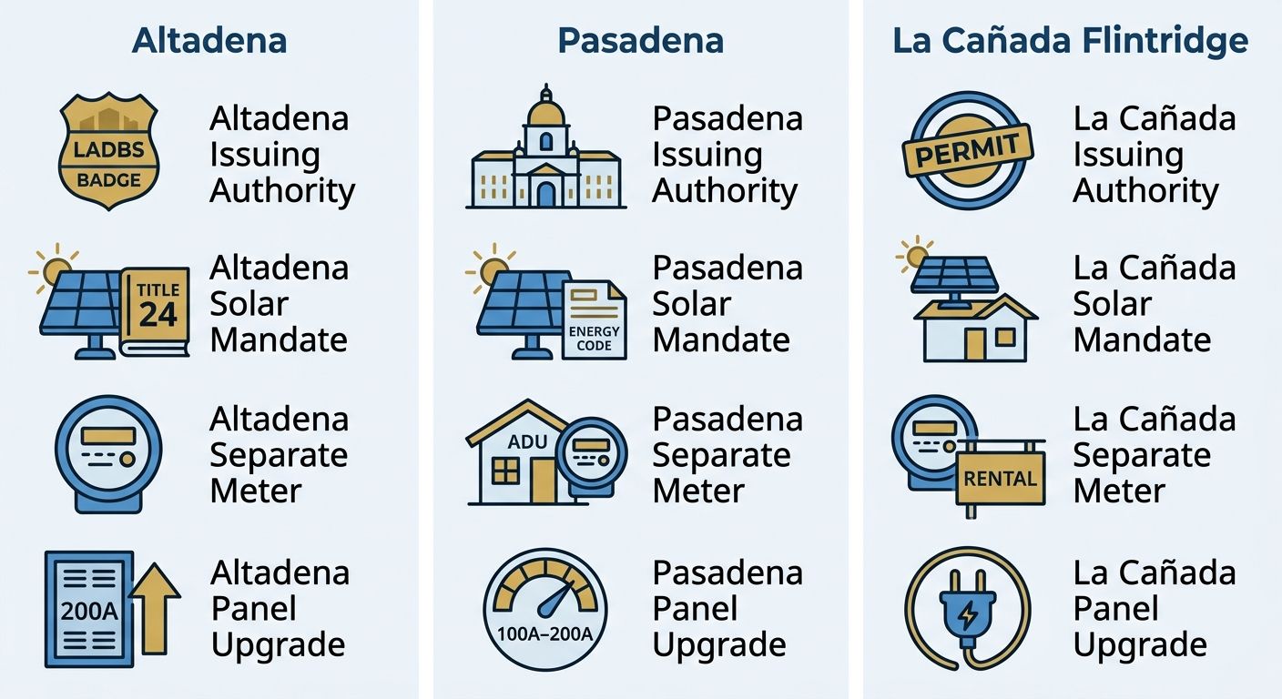 Infographic comparing ADU electrical code requirements for Altadena, Pasadena, and La Cañada Flintridge with four icon rows per city.
