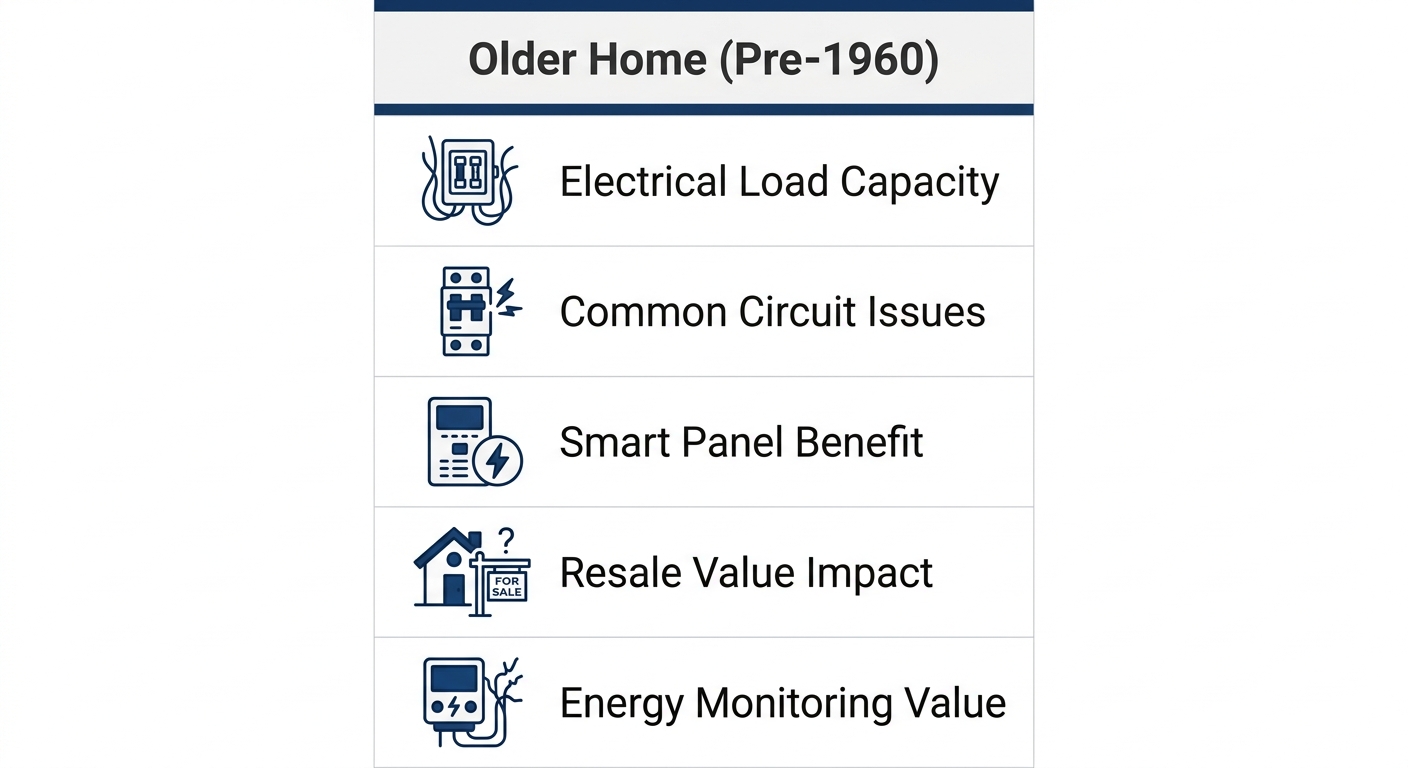 Infographic listing five smart panel benefits for older Altadena homes, each with an icon and label.