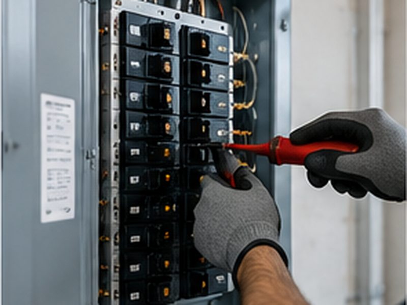 Electrician testing breakers inside an open electrical panel during a panel upgrade in Altadena