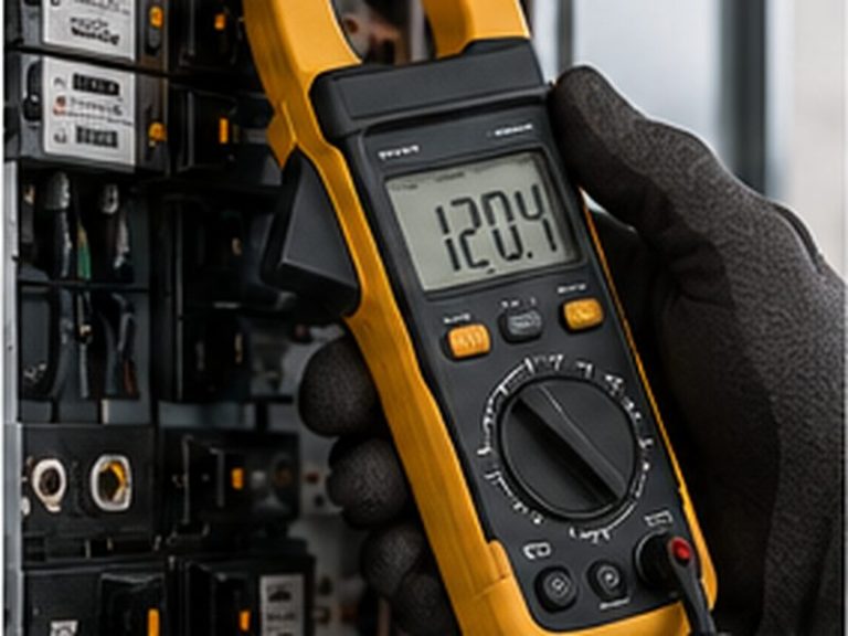 Clamp meter reading 120.4 volts during electrical troubleshooting in a panel