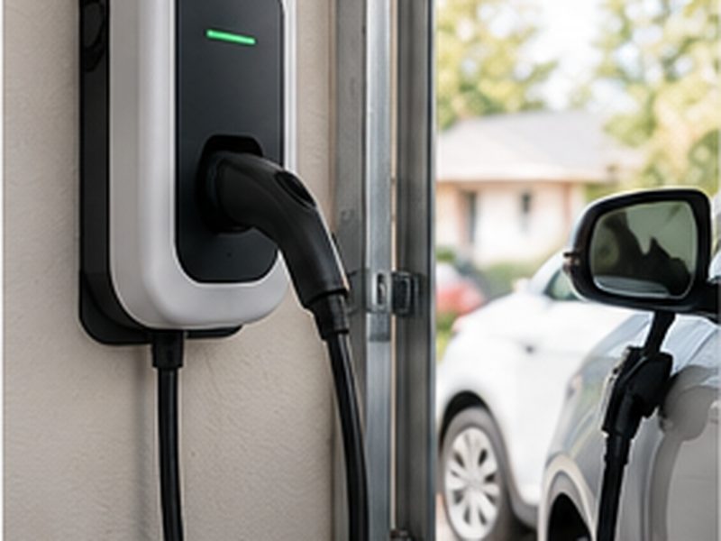 Level 2 EV charger mounted in a garage with an electric vehicle plugged in