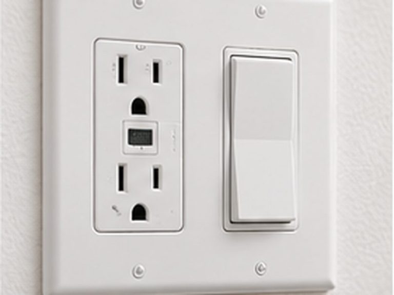 New GFCI outlet and rocker light switch on a residential wall plate