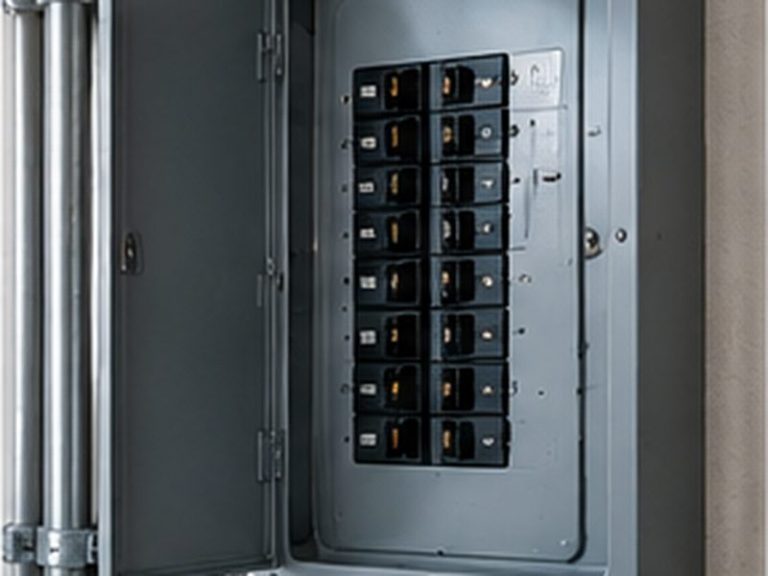 Open sub panel with breakers and feeder cables mounted on a garage wall