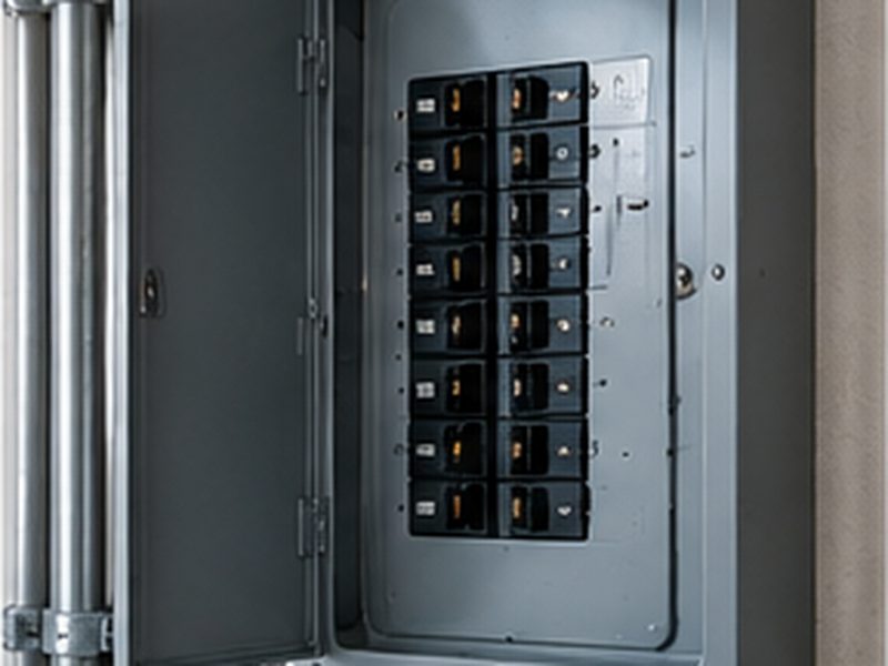 Open sub panel with breakers and feeder cables mounted on a garage wall