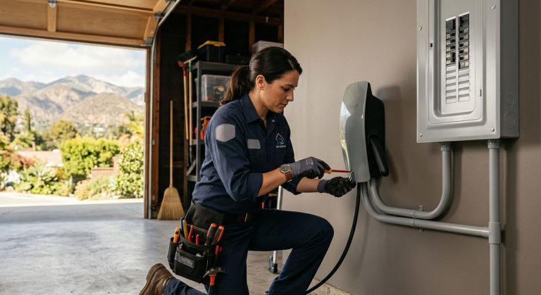 Licensed electrician installing a wall-mounted Tesla Wall Connector next to an electrical panel in a bright Altadena home garage with foothills in the background