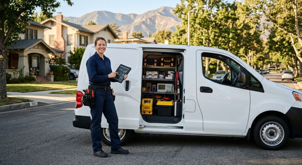 A licensed electrician in uniform stands next to a white service van on a sunny Altadena street, with classic homes and the San Gabriel foothills in the background.
