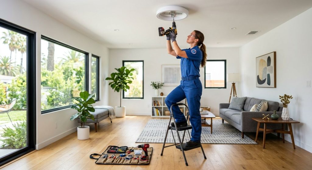 Professional electrician installing modern ceiling light fixture in bright living room