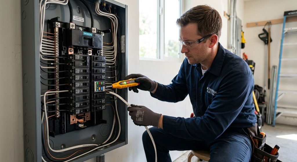 Professional photograph of a licensed electrician installing an AFCI/GFCI breaker in a residential electrical panel in Altadena, California