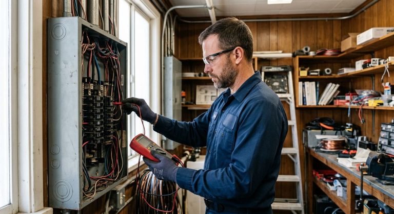 A professional electrician in a blue uniform standing before an open commercial circuit breaker panel, using diagnostic tools with safety gear, natural light from a window illuminating the scene in an organized utility room