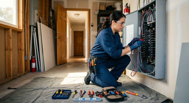 Professional photograph of a licensed electrician inspecting an electrical panel in a Southern California home, emphasizing safety and expertise.
