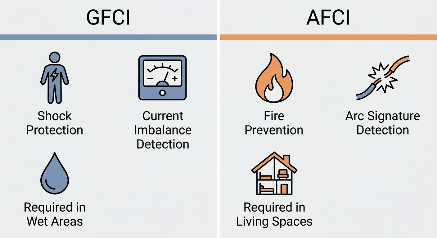 Comparison infographic showing GFCI and AFCI outlet differences with three icons each: shock protection, current imbalance, wet areas for GFCI; fire prevention, arc detection, living spaces for AFCI.