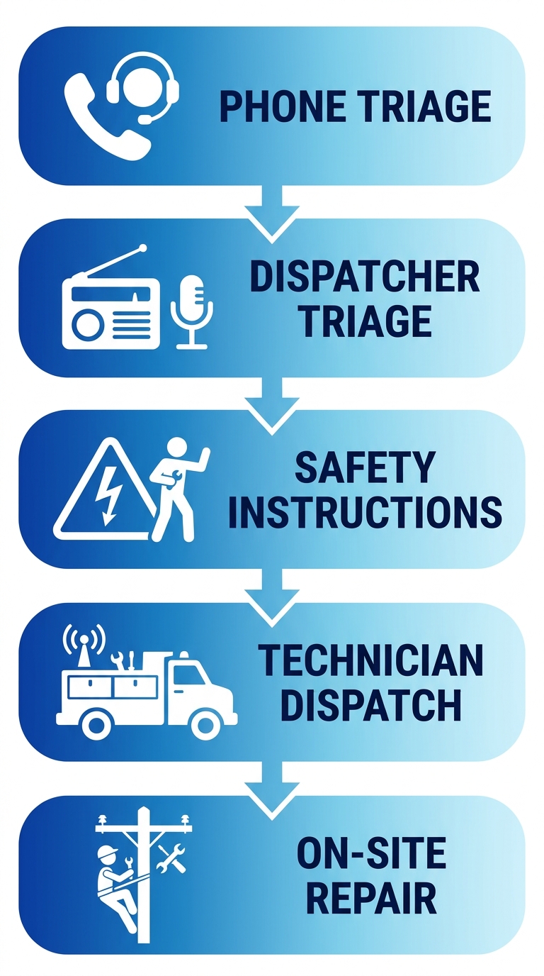 Emergency electrical triage process flow with five steps: Phone Triage, Dispatcher Triage, Safety Instructions, Technician Dispatch, and On-Site Repair, shown in vertical rounded rectangles with blue gradient and white icons.